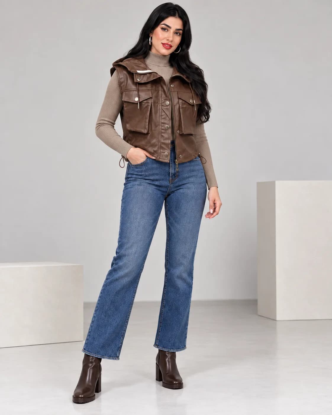 وست چرم زنانه کلاهدار باکسی — رنگ قهوه‌ای — چرم